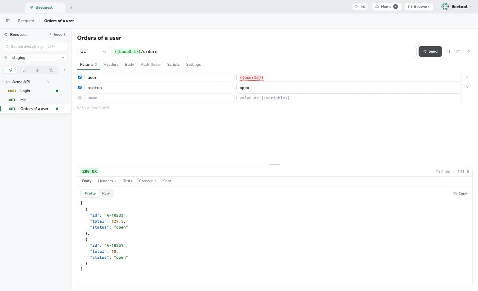Beequest with a GET request, its parameters and a JSON response