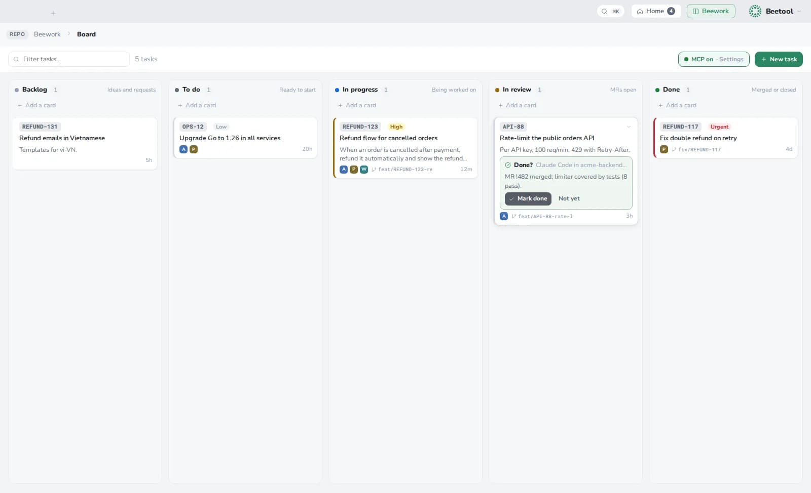 The Beework board with tasks in Backlog, To do, In progress, In review and Done