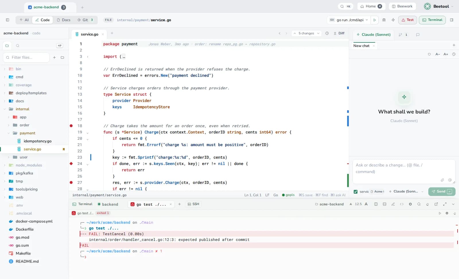 Beetool's code workspace: a Go file, and a failing test in the terminal below
