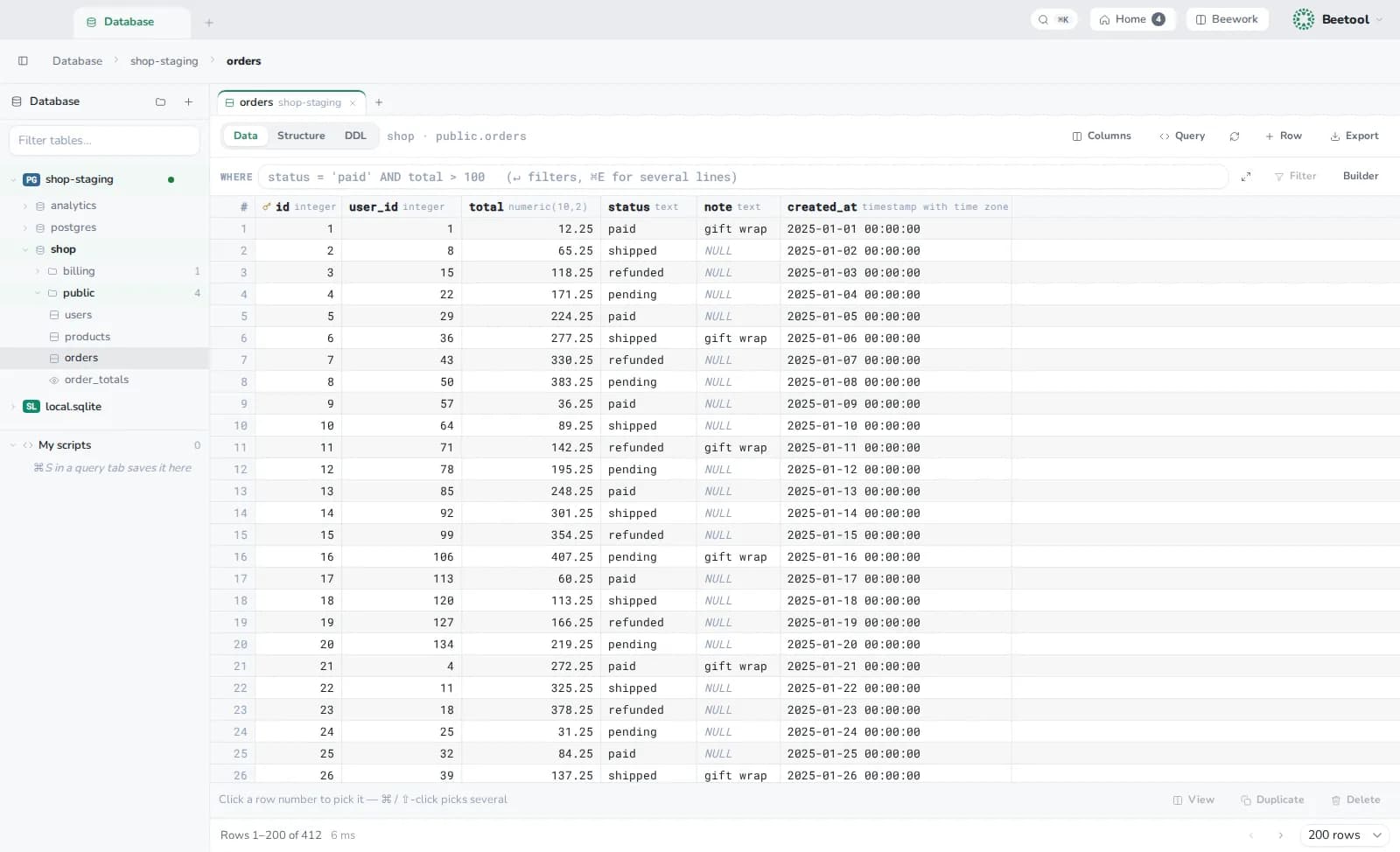 The Database tool: the schema tree and the rows of an orders table with a WHERE filter