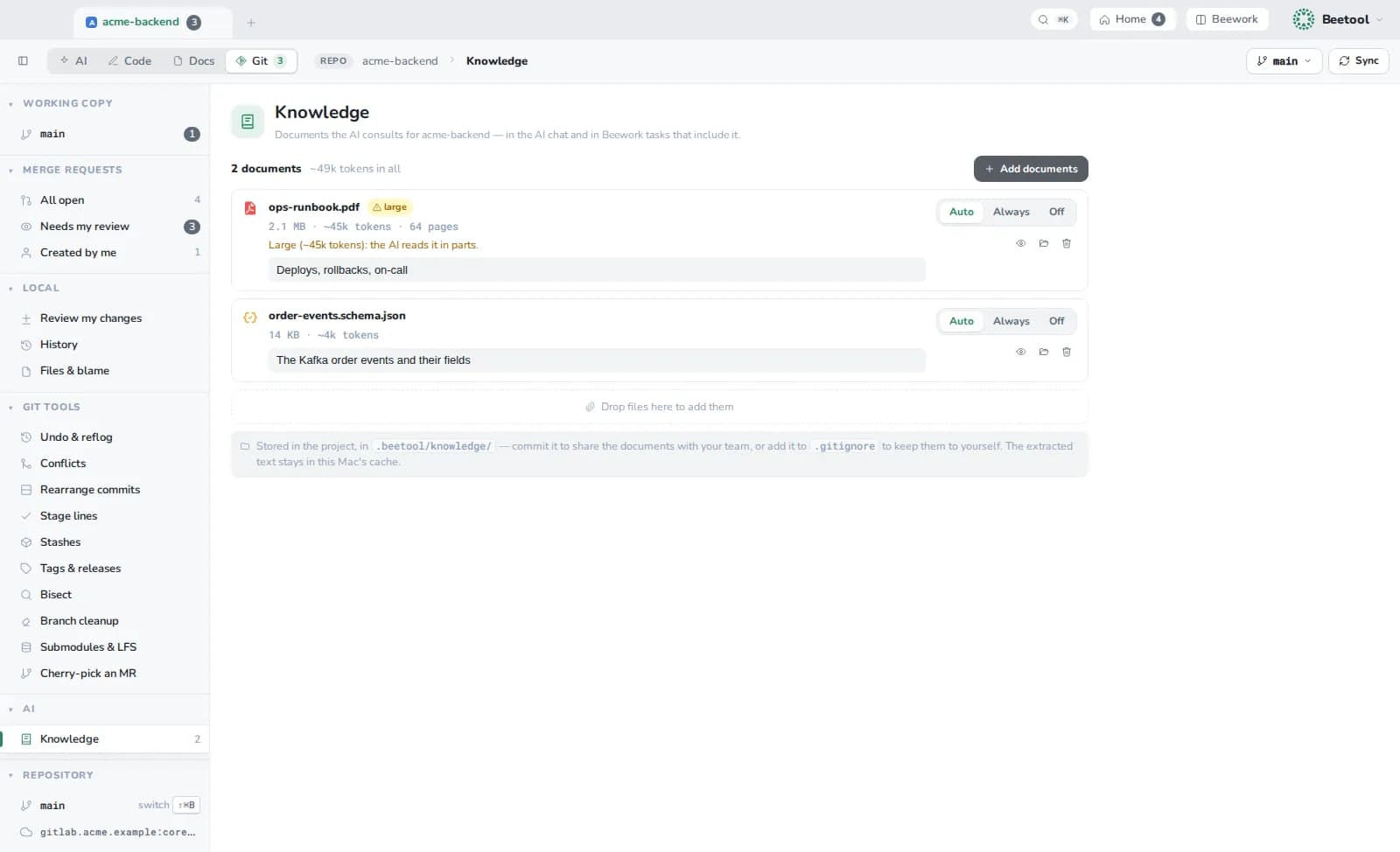 Beetool's Knowledge page: documents the AI consults, each set to auto, always or off