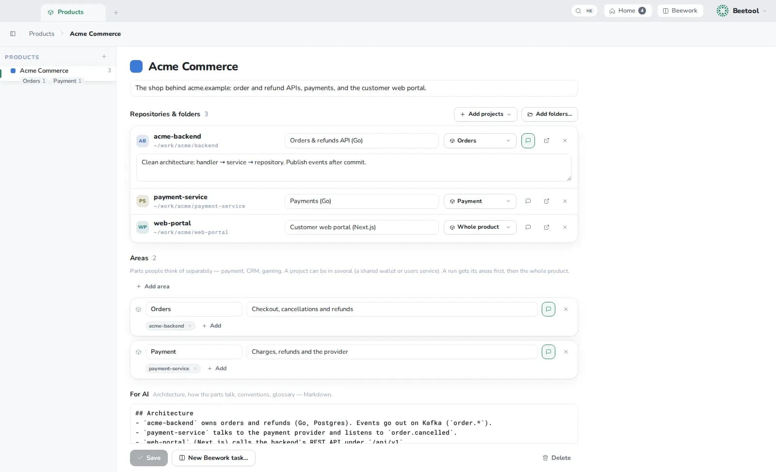A product with three repositories, each with a role, two areas and notes for AI