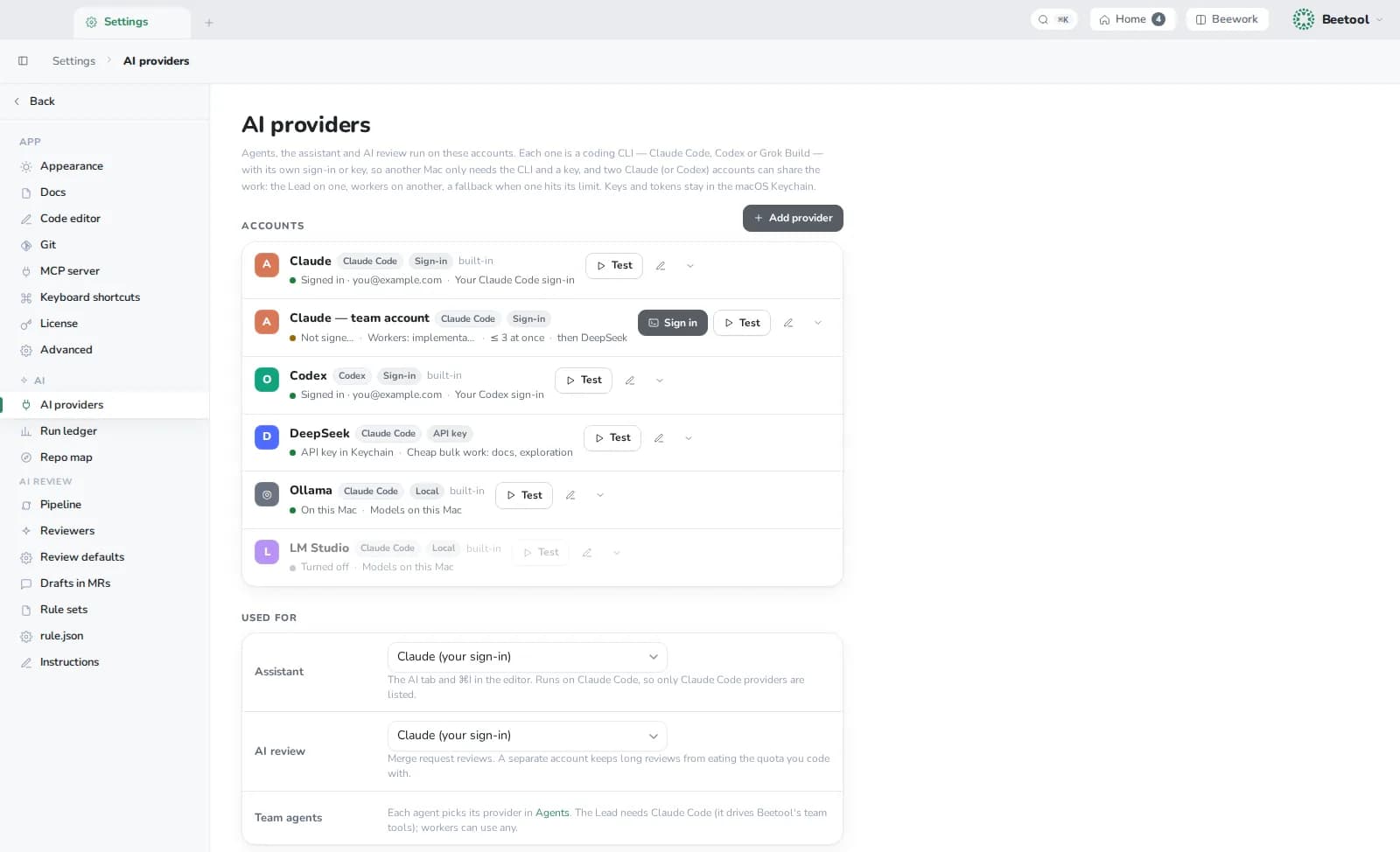 Beetool's AI providers: Claude, Codex, DeepSeek and local models, and what each is used for