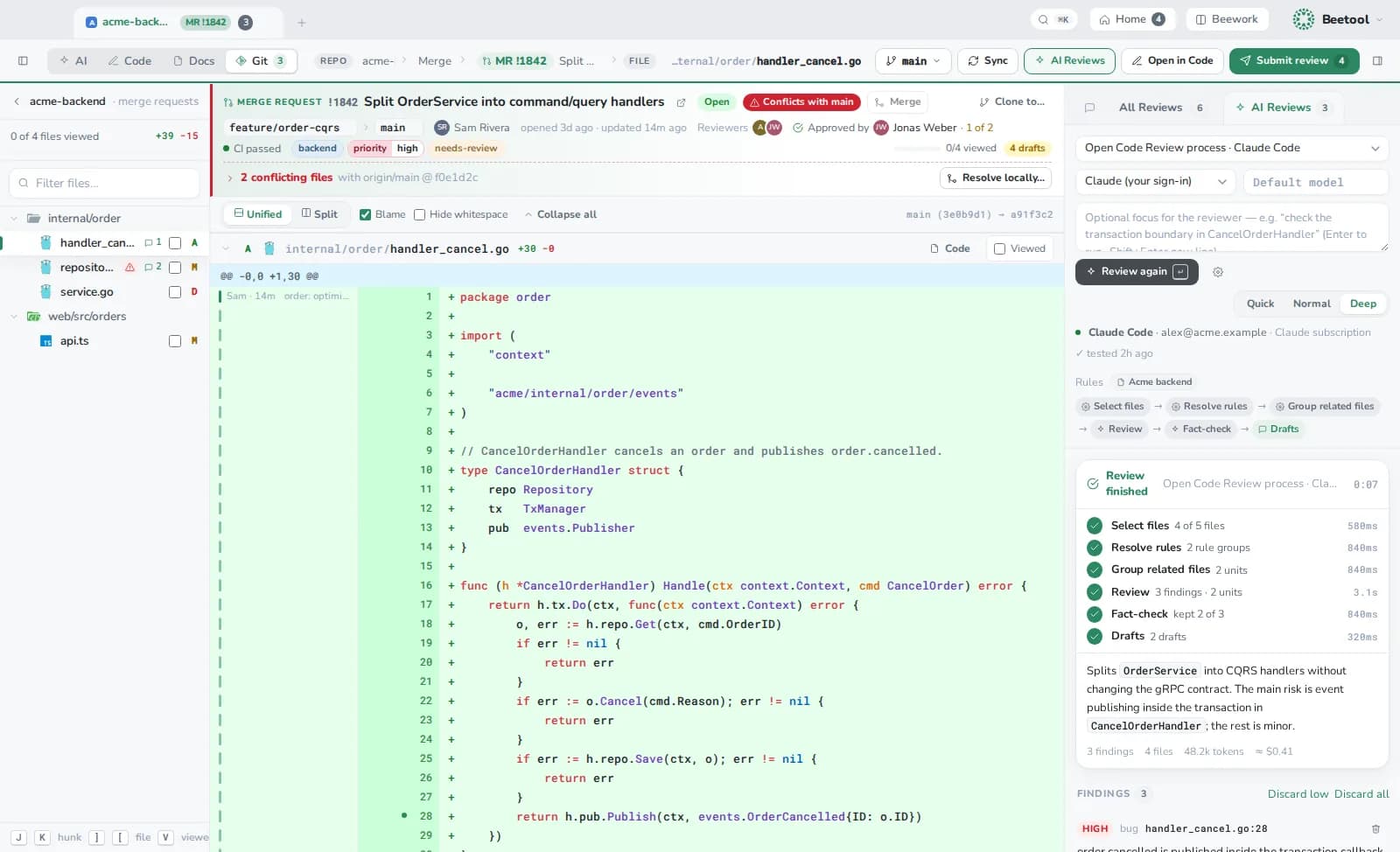 A merge request in review: the diff, the header with CI and approvals, and the AI review panel