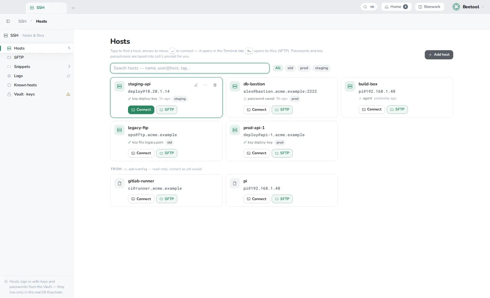 The SSH workspace: saved hosts with Connect and SFTP buttons