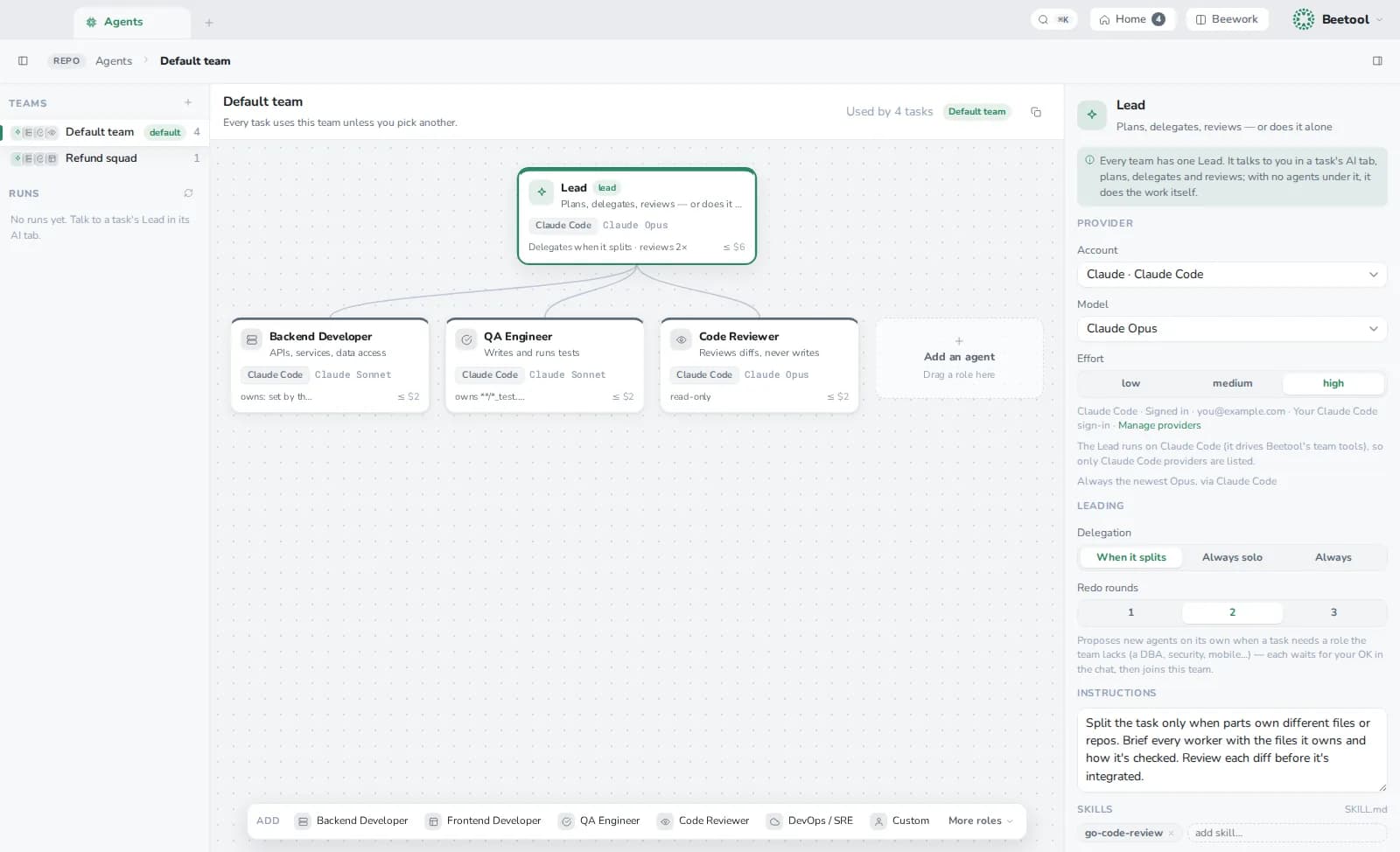 Beetool's agent team designer: a Lead with backend, QA and reviewer agents